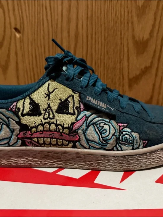 PUMA Teal Suede Sneaker with Skull & Rose Embroidery