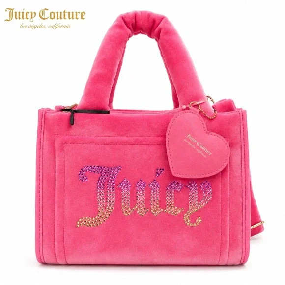 NEW Juicy Couture Pink‎ Velour Rhinestone Logo Tote Crossbody Bag NWT