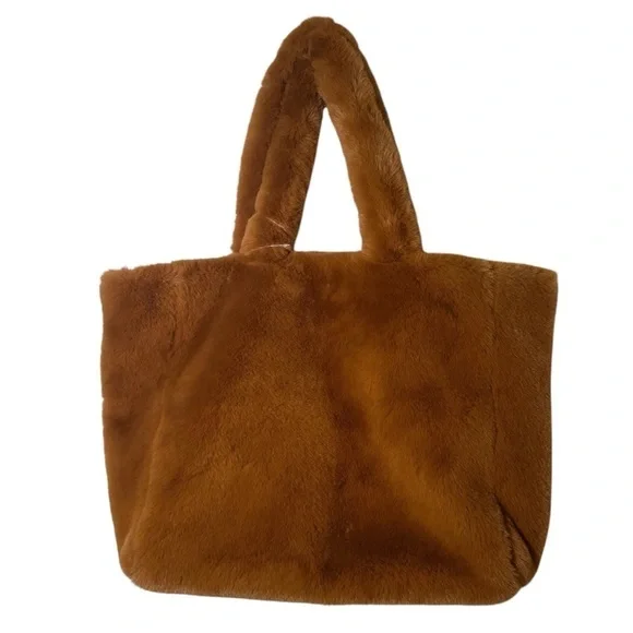 Free People Brown Tan Cozy Commuter Faux Fur Tote Bag NWT