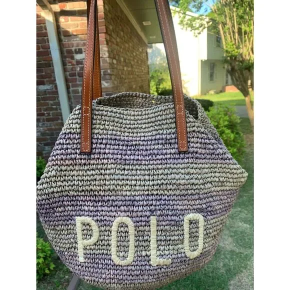 POLO RALPH LAUREN Woven Raffia Bucket LOGO Tote Bag Beach