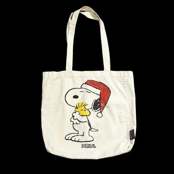 Cotton On Christmas Peanuts Snoopy Woodstock Canvas Tote Reusable Shopping Bag
