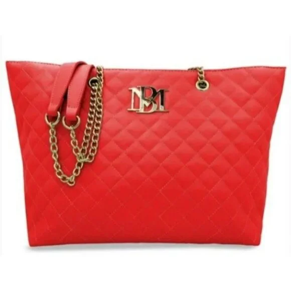 Badgley Mischka Vegan Leather Quilted Red Chain Strap Tote Bag With Gold Accents