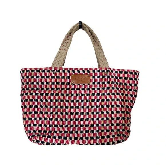 Kate Spade Woven Straw Tote Bag Red Black Cream Leather‎ Trim Large Shopper