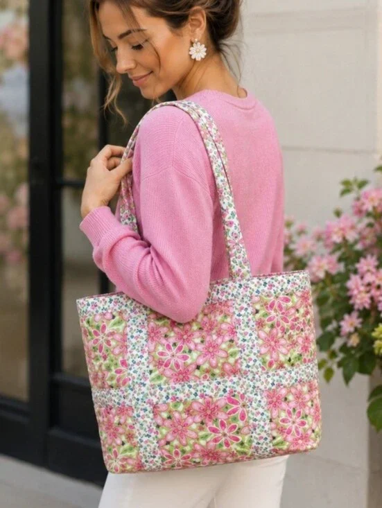 Vintage Pink Green Floral Quilted Tote Bag Cottagecore Preppy Y2K Shoulder Bag