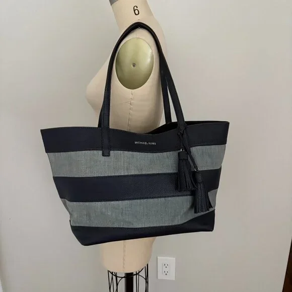 Michael Kors Navy Leather Striped Canvas Washed Denim Pouch Coastal Chic Tote