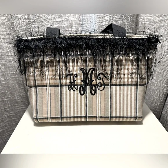 Lala’s Closet Handmade Plaid HTM or HMT Monogrammed Tote Black Fridge Trim