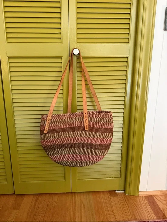 Sisal Woven Tote Bag in Brown and Pink with Tan Handles