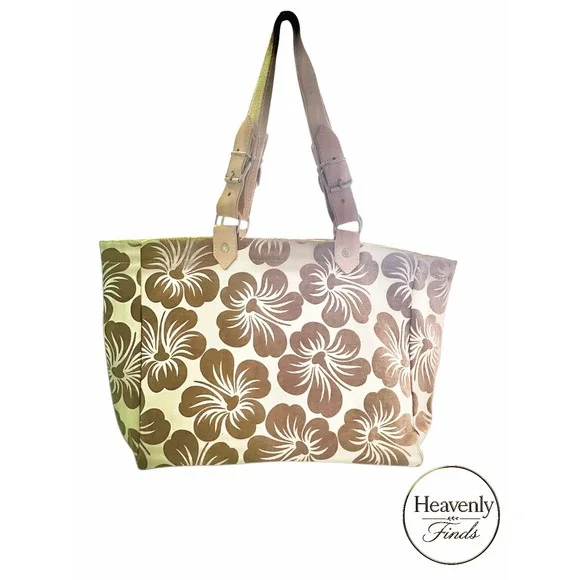 Bonfanti Tote Bag Large Cream Tan Floral Hibiscus Canvas Beach Made in Italy