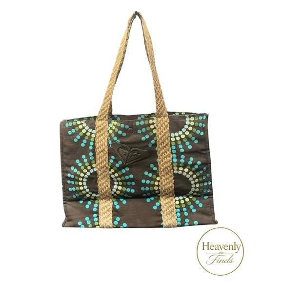 Roxy Tote Bag Large Brown Teal Green Yellow Dot Happy Go Lucky Beach Canvas