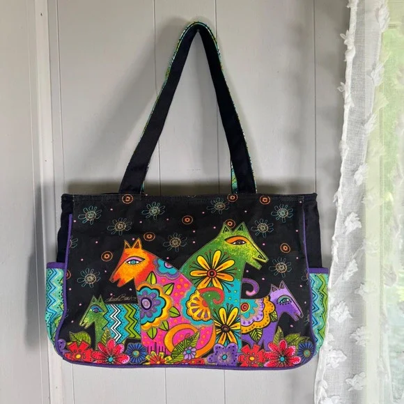Laurel Burch Colorful Canvas Tote Bag Double Sided Whimsical Design New with Tag