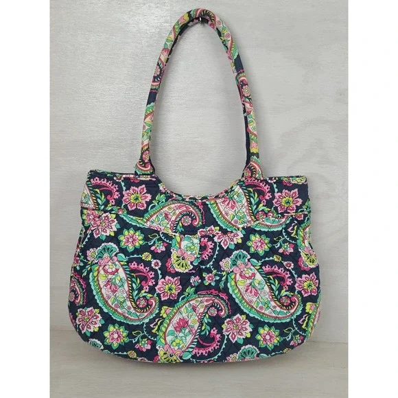 Vera Bradley Quilted Cotton Paisley Floral Tote Bag Navy Pink Green Shoulder Bag