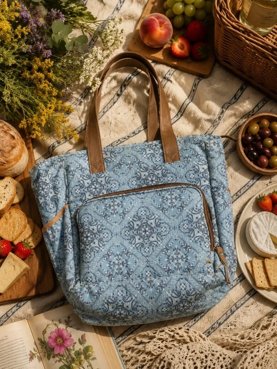 4/$15 Boho Beach Bag Quilted Blue Paisley Lunch Cooler  Tote Bag Tan Handles