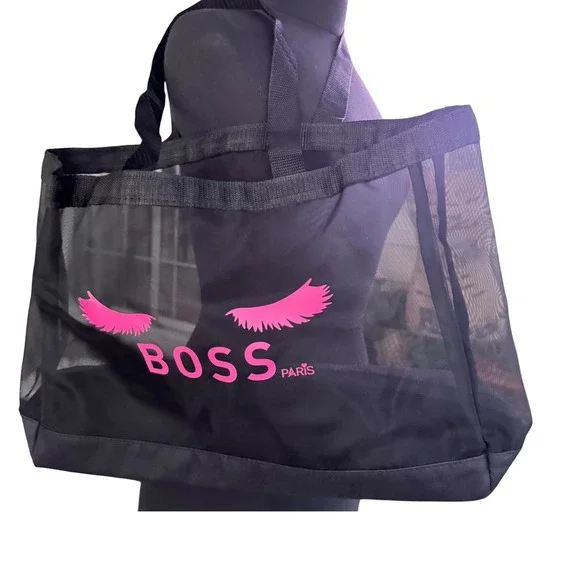 Boss‎ Paris Tote Bag Black Mesh See Through Pink Eyelash Design 18x12x5EUC