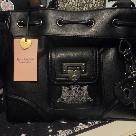 Juicy Couture Black Tote Royal Licorice with Heart Charm and Crest