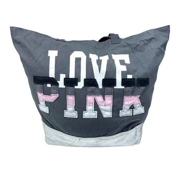 PINK Victoria's Secret Logo Tote Gray Patch Letters Y2K Style Book‎ Bag/Travel