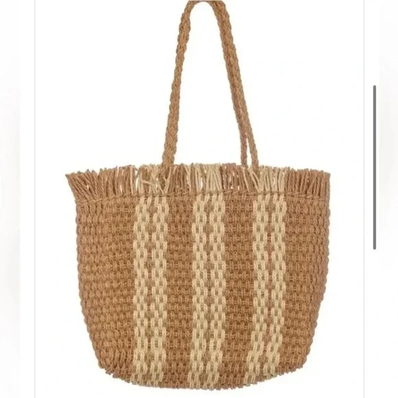 100% Paper Fringe Tan‎ & White Zippered Handbag Tote. OS.