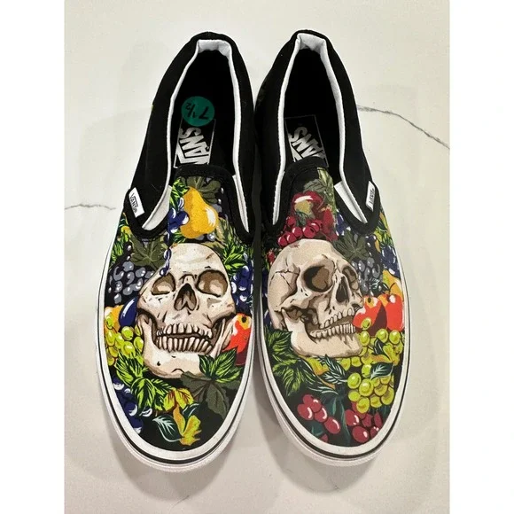 Vans Classic Slip-On Skull Fruit Still Life Graphic Shoes Mens 7.5 Black Multi