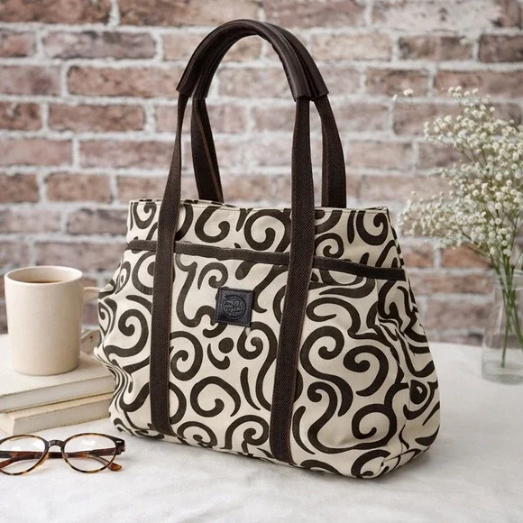 Pomegranate Inc Tote Bag Brown‎ Swirl Print Leather Handle Purse Women Pre-Owned