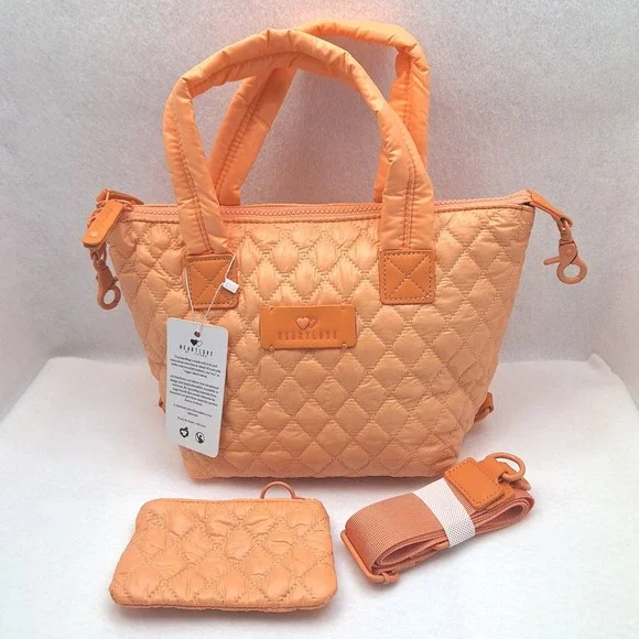 Heartlove by‎ Charo Puffer Tote Womens Small Apricot Orange Quilted Bag & Pouch