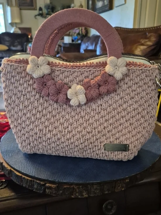 Handmade By Feyzolfey. Pink Crochet Floral Top-Handle Bag Perfect For Summer(#