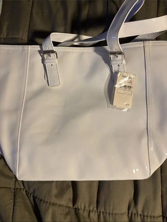 Neiman Marcus White Patent Tote with Buckle Straps