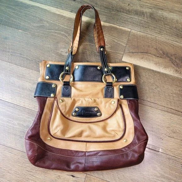 B Makowsky Tri-Color Pebbled Leather Tote Bag Tan Black Burgundy Gold Studded