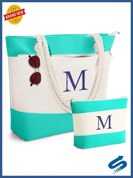 Large Canvas Waterproof Beach Tote with Zipper Closure