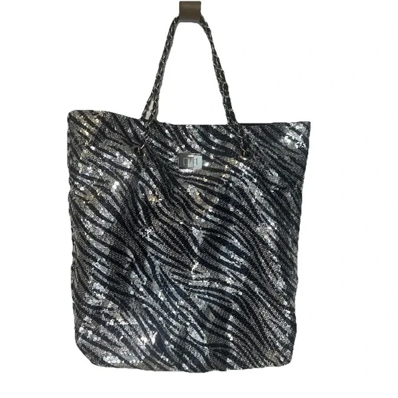 Under One Sky Medium Zebra Print Sequins Black & Silver Tote Bag‎