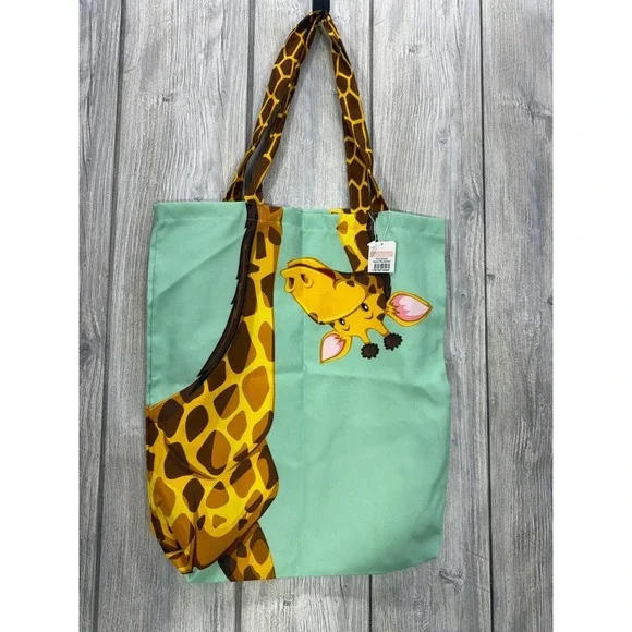 Ecrou Giraffe Print Canvas Tote Bag Mint Green Animal Graphic Beach Shopper NWT