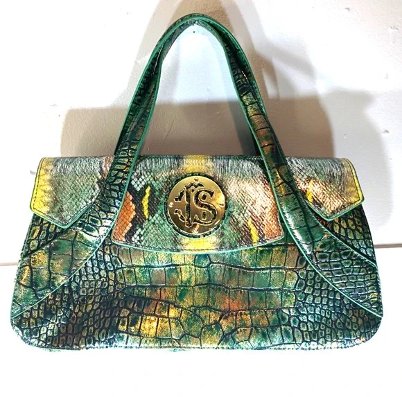 Vintage Sharif Metallic Green Gold Reptile Embossed Crossbody Flap Bag Y2K EUC