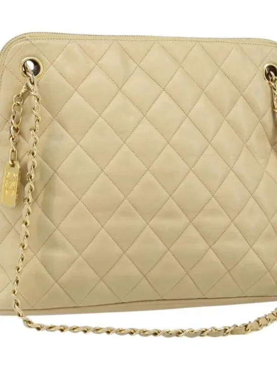 CHANEL Matelasse Chain Shoulder Tote Bag Lamb Skin Beige Gold CC Auth ARZ444