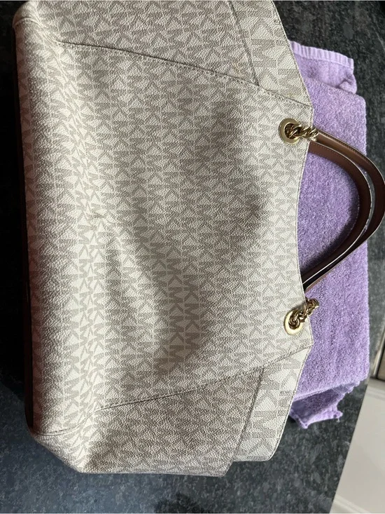 Michael Kors Beige Patterned Tote with Brown Handles and Gold Hardware