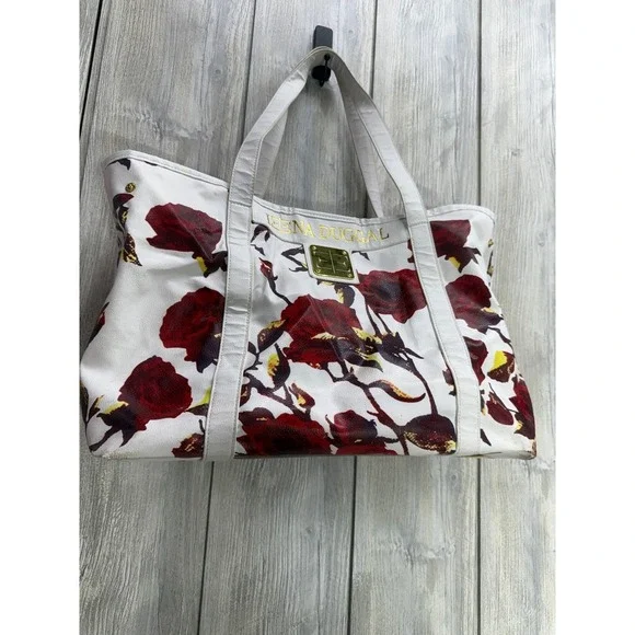 Ieena Duggal White Red Rose Floral Tote Bag Large Gold Hardware Shoulder Bag