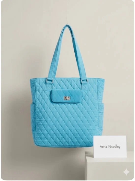 Vera Bradley Quilted Tote Bag One Size Blue with Lime Green Lining
