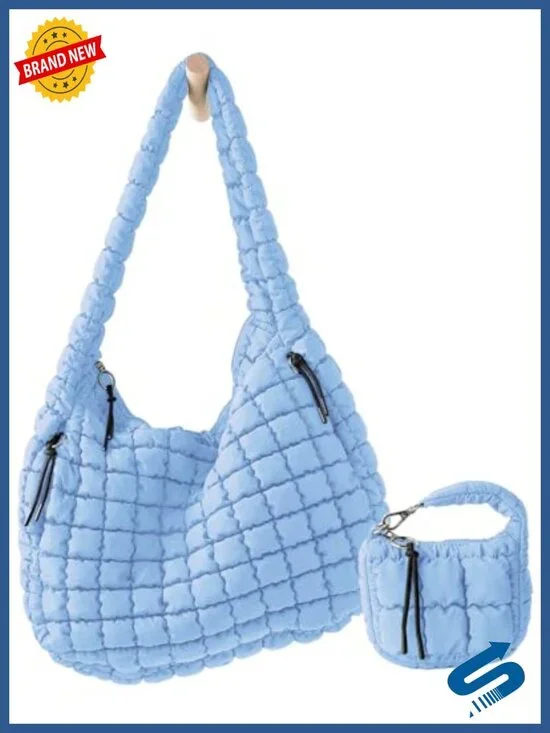 Large Quilted Puffer Tote Bag with Mini Pouch Crossbody Hobo Shoulder Carryall