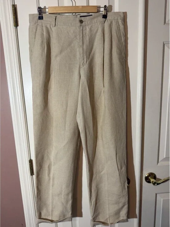 Eddie Bauer Pleated 100% Linen Pants Mens 32x34 Khaki Beige Cuffed Relaxed Fit