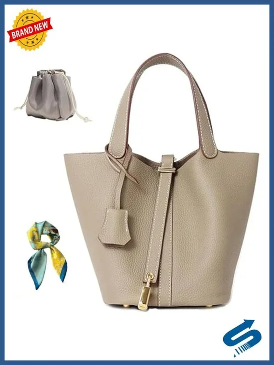 Genuine Leather Bucket Bag with Lock Design Shoulder Handbag & Top-Handle