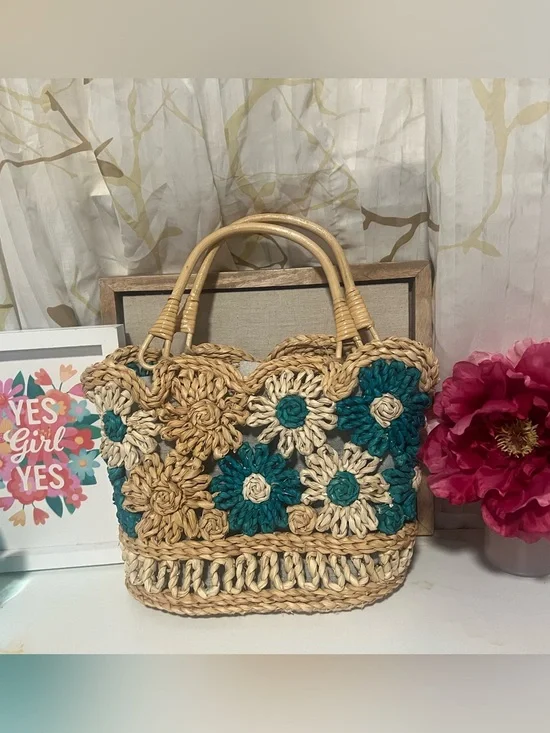 Haute Hippie Teal and Natural Woven Floral Straw Tote