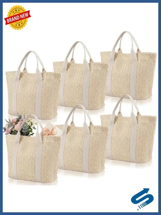 6-Pack Handwoven Burlap Tote Bag Set with Reinforced Handles