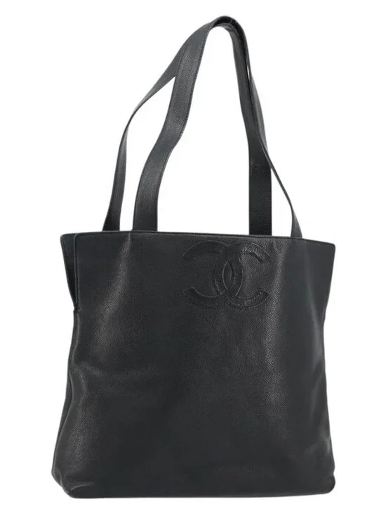 CHANEL Tote Bag Grained Calf Skin Black Gold CC Auth BA12903