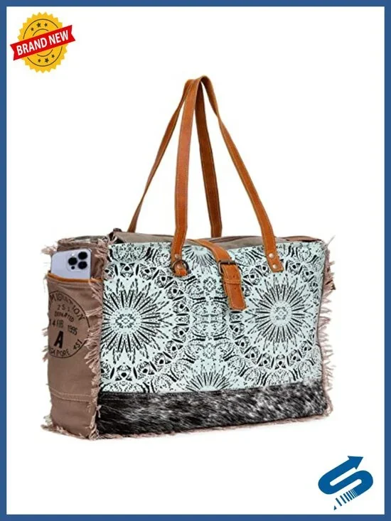 Canvas Handbag with Cowhide Leather Trim - Tote Bag for Women