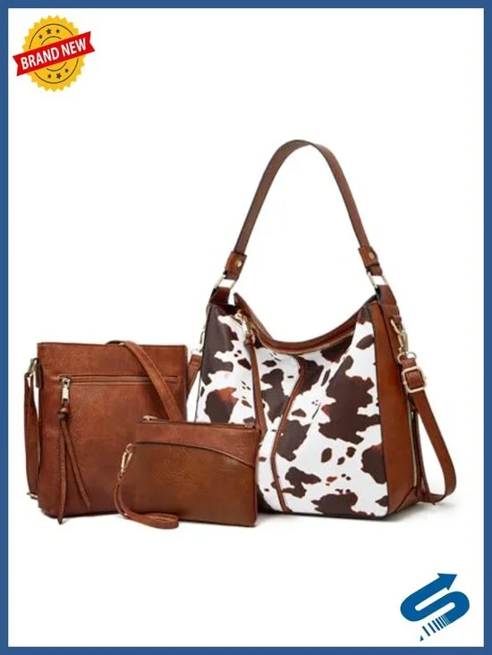 Cow Print Tote Handbag Set with Wallet Crossbody High Capacity PU Leather