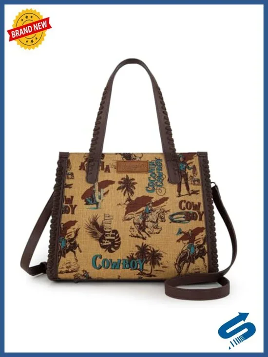Canvas & Synthetic Leather Tote Bag with Crossbody Strap Western Cowboy Print