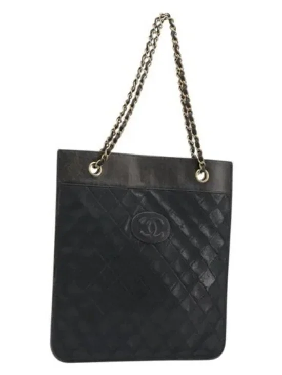 CHANEL Chain Tote Bag Lamb Skin Black Gold CC Auth BA13601