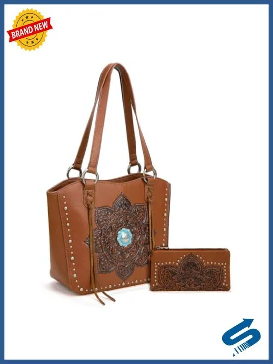 Western Faux Leather Tote Bag with Wallet Set, Studded, Tassel