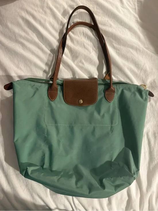 Longchamp LePliage Classic Green Tote Bag with Brown Leather Trim