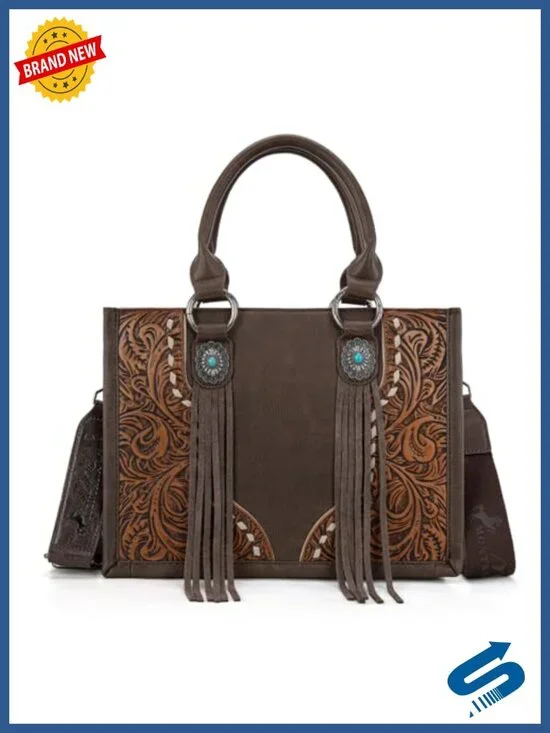 Western Tooled Tote Bag with Embroidery and Concho Crossbody