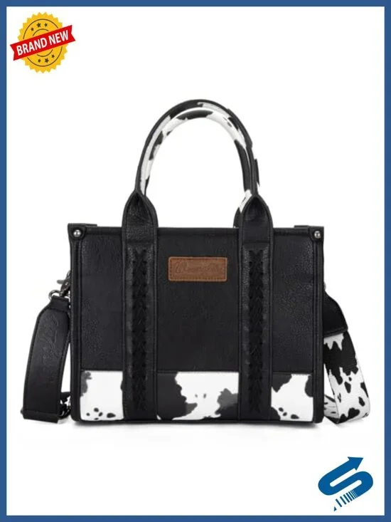 Medium Faux Leather Tote Bag with Cow Print and Detachable Crossbody Strap