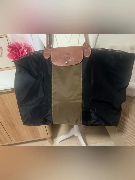 Longchamp Le Pliage Large Tote - Black with Olive Center Panel and Brown Trim