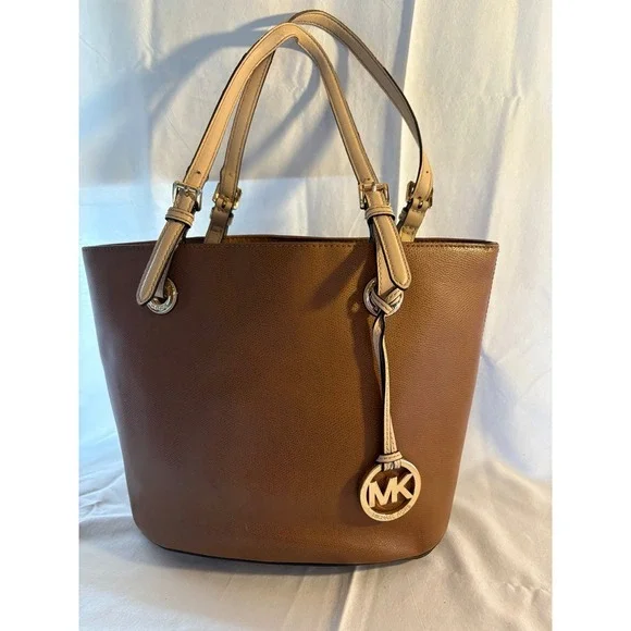 Michael Kors Brown Pebbled Leather Tote Bag Gold Tone MK Charm‎ Shoulder Bag